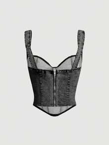 SHEIN MOD Áo denim không tay cổ tim rách cho nữ - màu đen - Xem 2