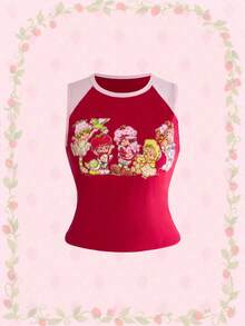 Strawberry Shortcake | ROMWE Spring / Summer Plus Size Summer Casual Contrast Color Cartoon Pattern Round Neck Tank Top - Red - View 1