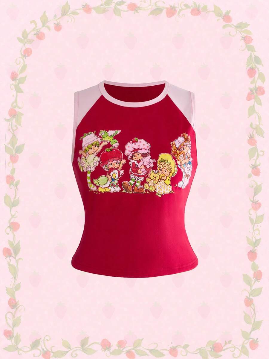 Strawberry Shortcake | ROMWE Spring / Summer Plus Size Summer Casual Contrast Color Cartoon Pattern Round Neck Tank Top - Red - View 1