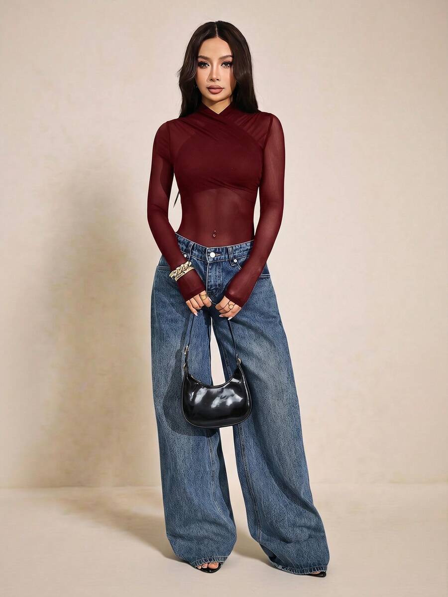 SHEIN PETITE 女士性感纯色网纱裹身连体衣，透视长袖上衣，长袖网纱上衣，黑色透视上衣，黑色网纱上衣，秋季款，黑色连体衣 - 酒紅色 - 查看 1
