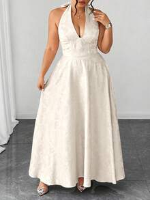 Elenzga Plus Size V-Neck Flowy Dress, Elegant Romantic Wedding/Evening/Formal Dress For Women, Summer Outfit With Bow - Apricot - View 7