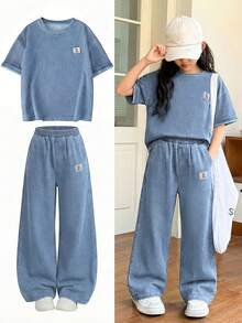 SHEIN Bộ áo thun tay ngắn raglan và quần jean cho bé gái tuổi teen - Rửa nhẹ - Xem 5