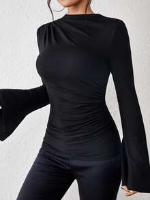 SHEIN ChicEase Solid Ruched Front Flare Sleeve Tee Fall Cloth For Women - Black - View 6