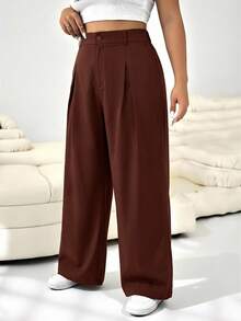 Solflare Pantalones anchos de unicolor con botones, talla grande, adecuados para graduación, regreso a la escuela, atuendos de maestras para mujeres, marrón óxido - Óxido marrón - Ver 5