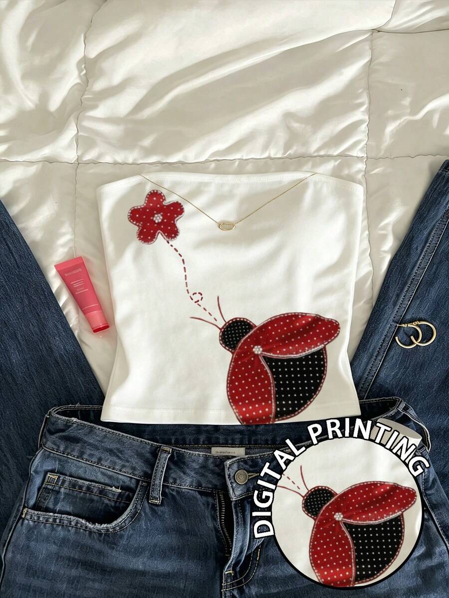SHEIN 假日田园风优雅花朵瓢虫印花女士无肩带上衣,适合春夏穿着,时尚无肩带上衣,适合送给兄弟姐妹,适合送给姐妹,适合送给母亲,母亲节礼物,休闲时尚无肩带上衣。 - 白色 - 查看 1