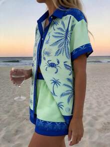Vaclyn Women's Summer Vacation Casual Printed Shirt & Shorts Set - Mint Green - View 5