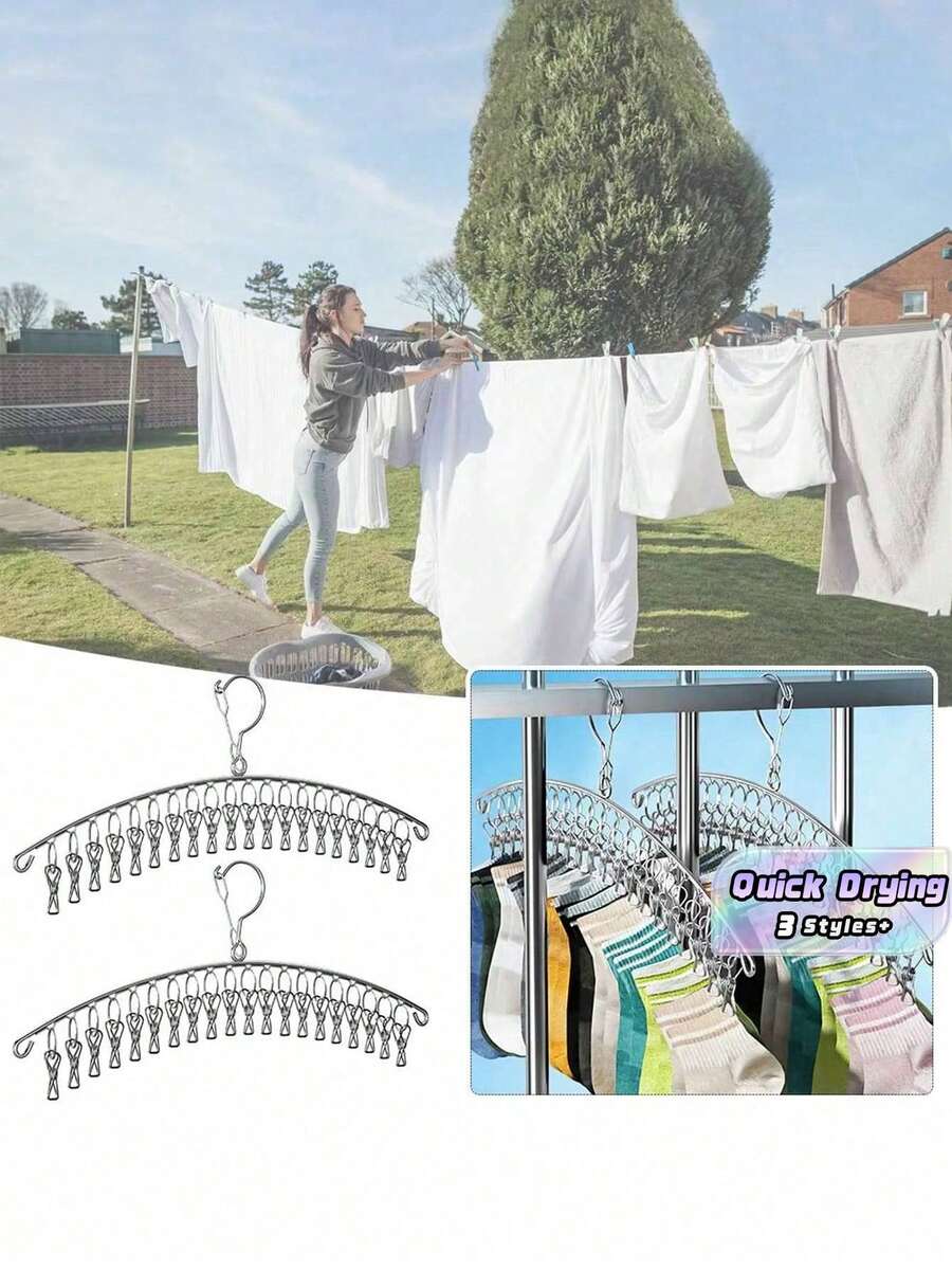 1pc 20 Clips Clothes Hanger,Windproof Clothes Drying Hanger Clothing Rack, Thickened Stainless Steel Laundry Airer, Used For Drying Socks, Bras, Underwear, Stockings And Gloves