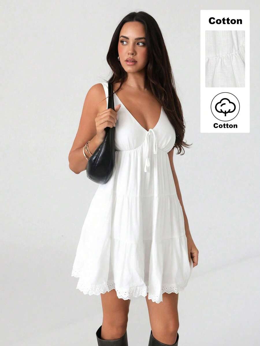 SHEIN Almamuse Đầm ren buộc dây thời trang nữ, đầm gợi cảm - trắng - Xem 1