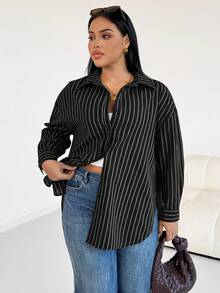 SHEIN CURVE+ Quần áo nữ cỡ lớn, thời trang mùa xuân, phong cách thường ngày, rộng rãi và thoải mái, trang phục cơ bản hàng ngày, ôm dáng, sọc nâu, áo sơ mi cài nút rộng thùng thình, trang phục mùa xuân, áo sơ mi nữ, kiểu dáng đơn giản, áo công sở - màu đen - Xem 4