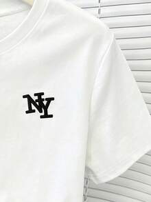 青少年女孩經典刺繡字母圖案圓領短袖休閒百搭T恤，舒適柔軟寬鬆版型圓領白色T恤，適合春/夏日常、居家、度假、節日、春季氛圍、夏季氛圍、春季與夏季、輕鬆舒適、休閒穿著、兒童花卉圖案、新風格、悠閒氛圍、春季氛圍悠閒夏季假期 - 白色 - 查看 4