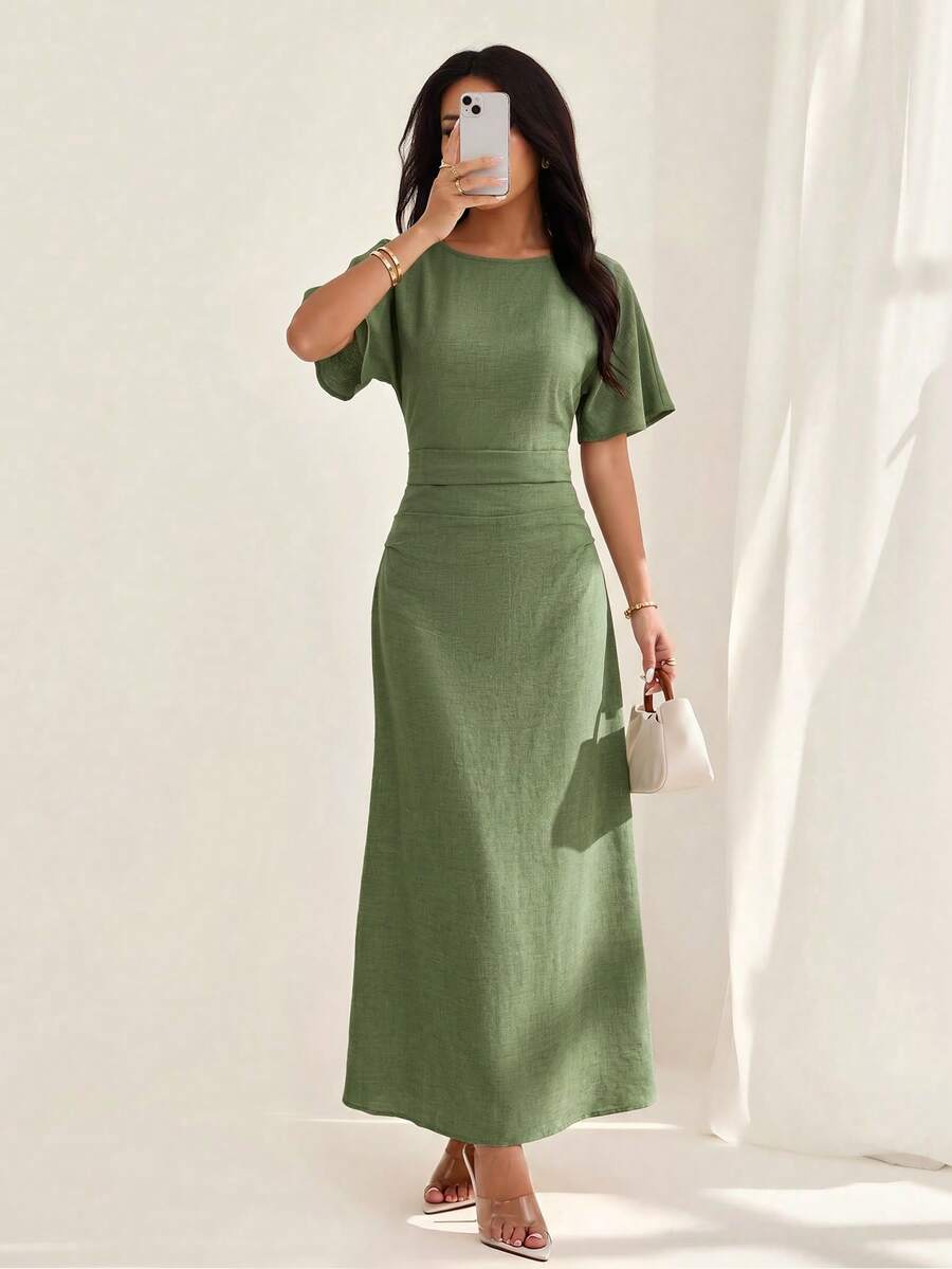 SHEIN PETITE 女士夏季纯色亚麻混纺休闲优雅连衣裙 - 薄荷綠 - 查看 1