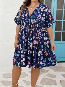 SHEIN CURVE+ 尺码 US22 适合音乐节、海滨度假、波西米亚风的女士条纹V领蝙蝠袖短袖荷叶边下摆休闲连衣裙，秋季女装，冬季，CURVE PLUS - 藏蓝色 - 查看 4