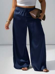 Hourglow Plus Size Wrinkle-Resistant Satin Straight Leg Loose Pants, Suitable For Valentine's Day, For Hourglass Body Shape - Navy Blue - View 6