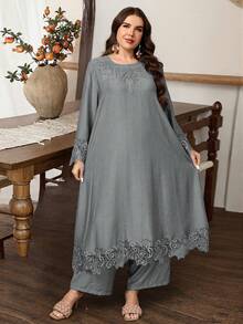 Graceveil Bộ đồ nữ cỡ lớn gồm áo dài tay cổ tròn và quần ống đứng phối ren, kiểu dáng rộng rãi, thoải mái, chất liệu cao cấp. - Xám - Xem 4