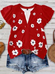 EMERY ROSE Women's Floral Print V-Neck Ruffle Short Sleeve Blouse Red Floral Floral Summer Elegant Elegent Holiday Vacation - Red - View 5