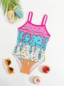 Young Girl Cute Ice Cream Print Sleeveless One Piece Swimsuit, Cute Fluid Beachwear - Pink - View 1