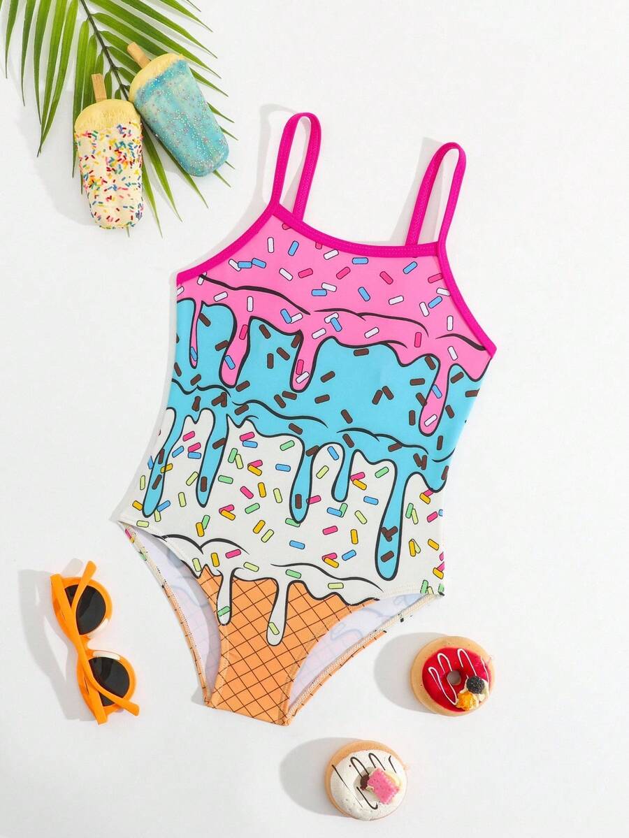Young Girl Cute Ice Cream Print Sleeveless One Piece Swimsuit, Cute Fluid Beachwear - Pink - View 1