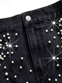 SHEIN MOD Plus Size Women Pearl Decor Pocket Denim Mini Skirt - Black - View 4