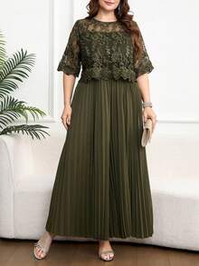 Reflora Mono ancho de pierna plisada con parches, bordados y malla elegante para mujer de talla grande, para verano - Verde - Ver 8