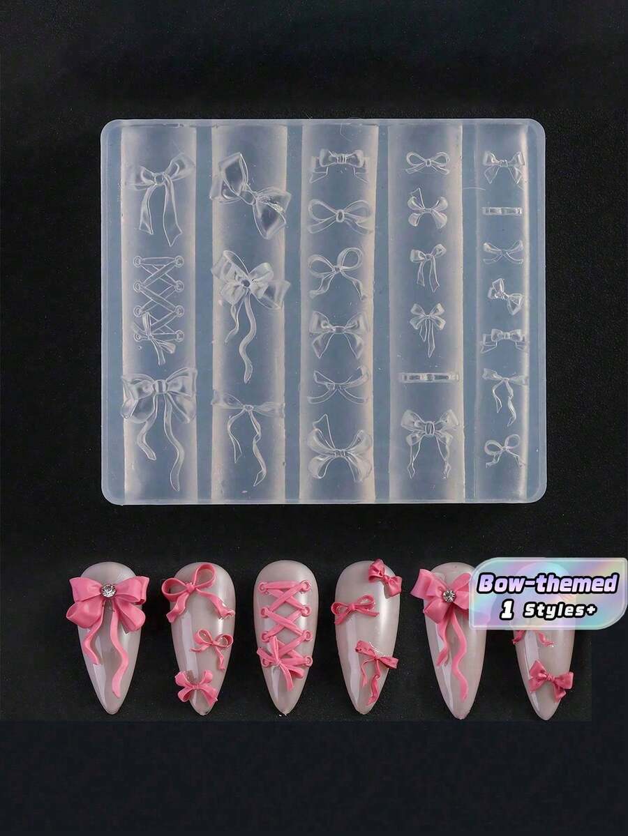 1个蝴蝶结形状硅胶美甲模具 - 自粘式DIY美甲印章,用于3D美甲装饰,可重复使用的硅胶模具,适用于蝴蝶结和丝带设计,女士和女孩美甲配件及工具 - 白色 - 查看 1