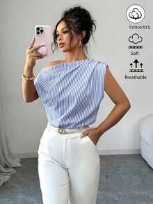 SHEIN Elenzya Áo kiểu nữ thanh lịch, dáng lệch vai, kẻ sọc, thích hợp cho mùa hè. - Xanh và trắng - Xem 1