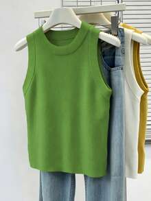 SHEIN Women's Solid Color Minimalist Sleeveless Knit Tank Top, Everyday Wear - Green - View 3