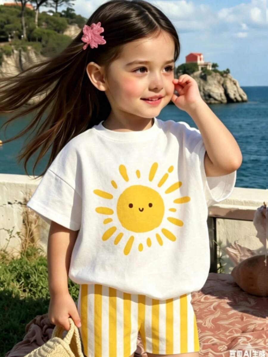 SHEIN Playful Pals 一套少女休闲韩流歌手卡通女孩渐变色短袖圆领T恤和配套渐变色修身骑行短裤套装,少女舒适针织连衣裙,适合日常、节日、外出、春夏穿着,韩式风格 - 彩色 - 查看 1