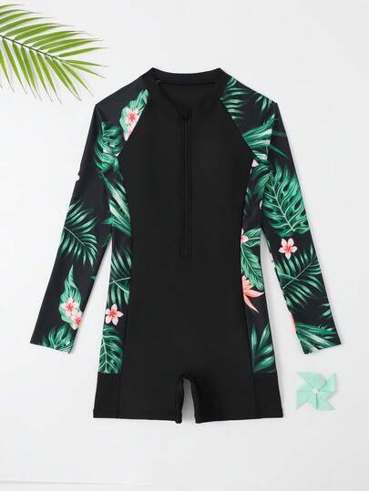 SHEIN Tween Girls' Tropical Printed Zipper Front Long Sleeve One Piece Swimsuit Summer Swimming,Beach Kids Swimming ,Kids Beachwear