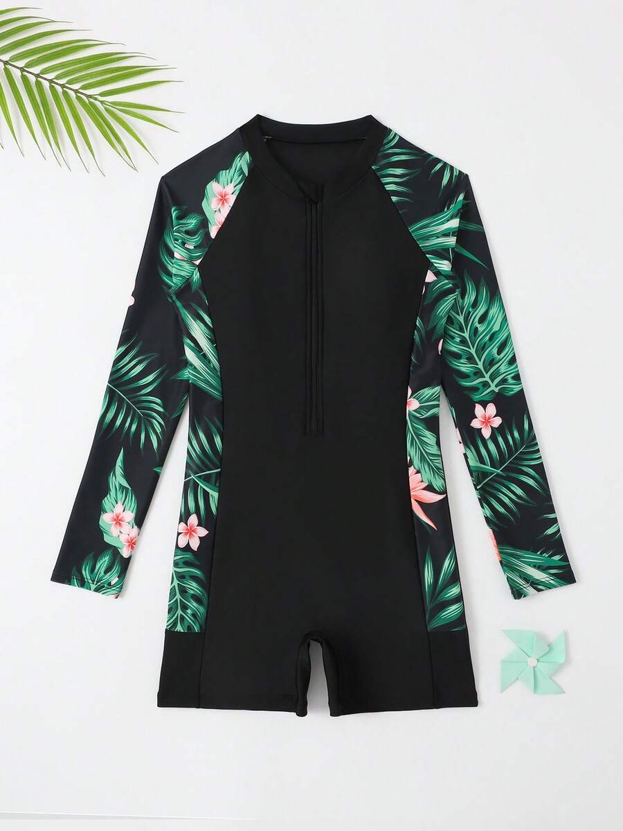 SHEIN Cô gái Tween Nhiệt đới In Dây kéo mặt trước Tay áo dài Đồ bơi một mảnh Mùa hè Bơi lội , bờ biển - màu đen - Xem 1