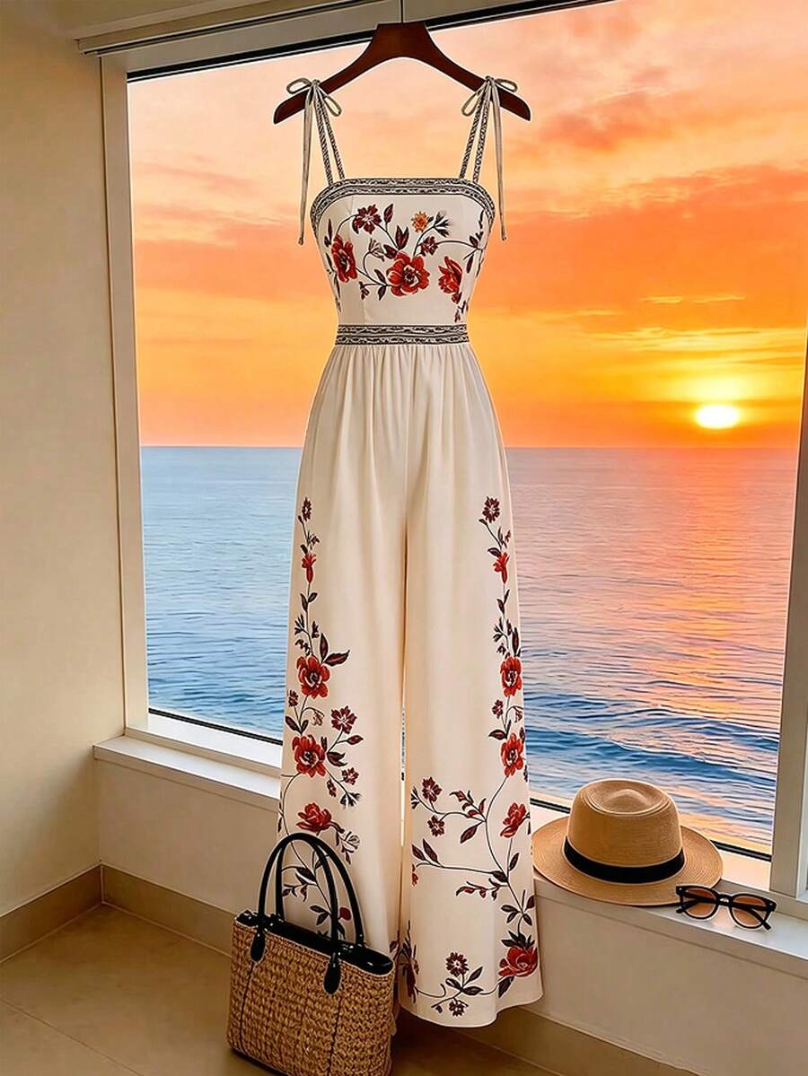 Breezaya Bộ jumpsuit xếp ly in hoa dành cho nữ, ống rộng. - Màu be - Xem 1