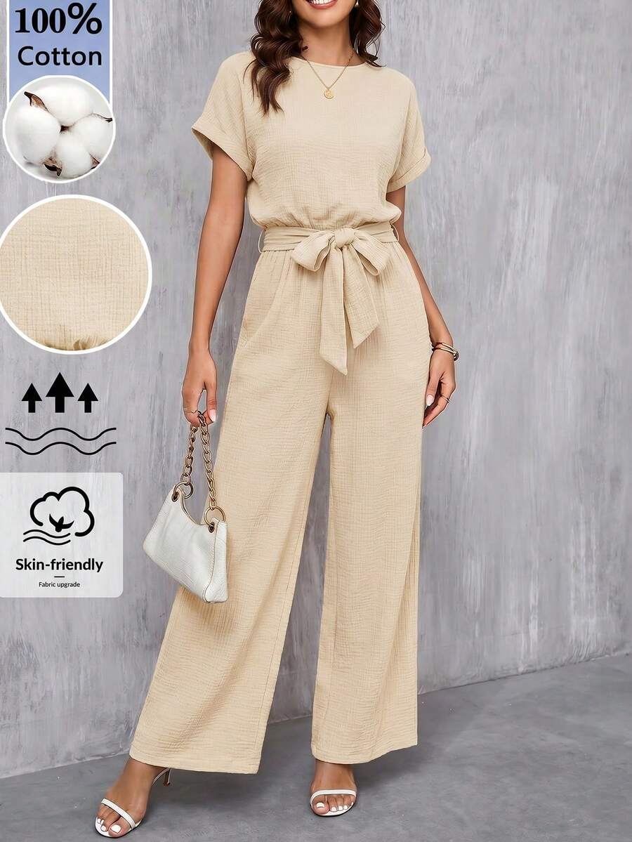 SHEIN Clasi Bộ jumpsuit dài nữ màu xanh dương thanh lịch, cổ tròn, hai lớp vải cotton nhăn, thắt eo, thích hợp cho kỳ nghỉ hè, hẹn hò, đi làm và du lịch. - Màu be - Xem 1