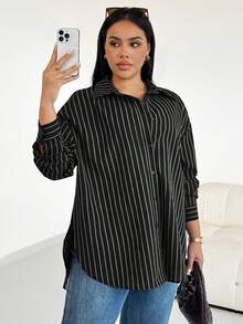 SHEIN CURVE+ Quần áo nữ cỡ lớn, thời trang mùa xuân, phong cách thường ngày, rộng rãi và thoải mái, trang phục cơ bản hàng ngày, ôm dáng, sọc nâu, áo sơ mi cài nút rộng thùng thình, trang phục mùa xuân, áo sơ mi nữ, kiểu dáng đơn giản, áo công sở - màu đen - Xem 6