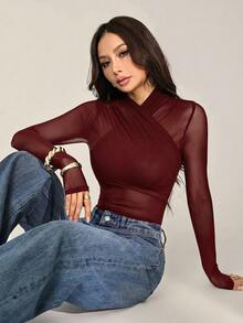 SHEIN PETITE 女士性感纯色网纱裹身连体衣，透视长袖上衣，长袖网纱上衣，黑色透视上衣，黑色网纱上衣，秋季款，黑色连体衣 - 酒紅色 - 查看 6