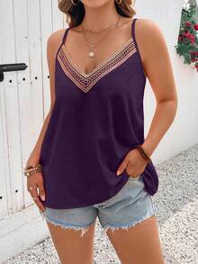 EMERY ROSE Camiseta de mujer elegante con cuello en V de encaje y parches - Morado - Ver 6