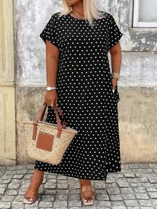 SHEIN CURVE+ Plus Size Women's Polka Dot Print Pocketed Short Sleeve Dress - Black - View 4