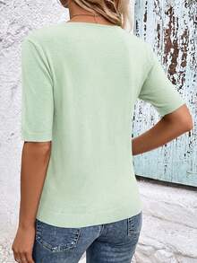 SHEIN Clasi Women's Solid V-Neck Casual Versatile Everyday Knit Top - Mint Green - View 2