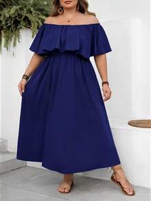 SHEIN CURVE+ 大尺碼 US22 皇家藍露肩寬鬆 A 字洋裝，波希米亞休閒優雅風，適合度假、海邊婚禮賓客晚宴，時尚夏季度假穿搭 - 寶藍色 - 查看 3