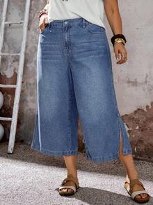 EMERY ROSE EMERY ROSE Plus Size Women Fashion Versatile Leg Slit Pocket Zipper Decor 3/4 Length Denim Pants - Medium Wash - View 7