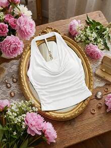 SHEIN MOD Đầm cỡ lớn màu xanh lá cây cổ yếm xếp nếp, lưng yếm, khóa kim loại trang trí, trang phục nữ đi du lịch biển, quần áo, trang phục thập niên 90, quần áo nữ mùa thu/đông, trang phục dự tiệc tối, trang phục sinh nhật, trang phục dự tiệc chào đón năm mới. - trắng - Xem 5