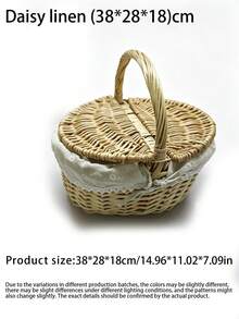 Multicolor Handwoven Storage Basket - Natural Wicker Fruit & Vegetable Bin - Rustic-Style Wicker Picnic Basket (With Lid, Handle, And Liner) - Ideal For Picnics, Parties, And BBQ Gatherings - Multicolor - View 4