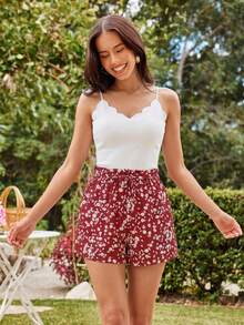 KARISMINA Bộ đồ đi biển mùa hè dành cho nữ: Áo hai dây lửng viền ren và quần short cạp chun in hoa. - Đỏ - Xem 11