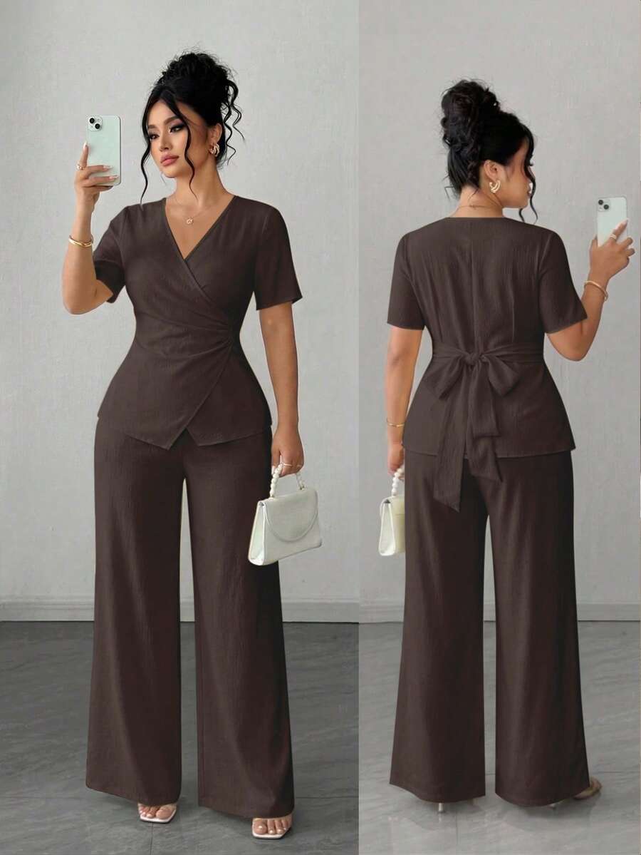Elenzga Plus Size Women Summer Commuter Elegant Waist Cinched Short Sleeve Top Paired With Wide Leg Pants - Brown - View 1