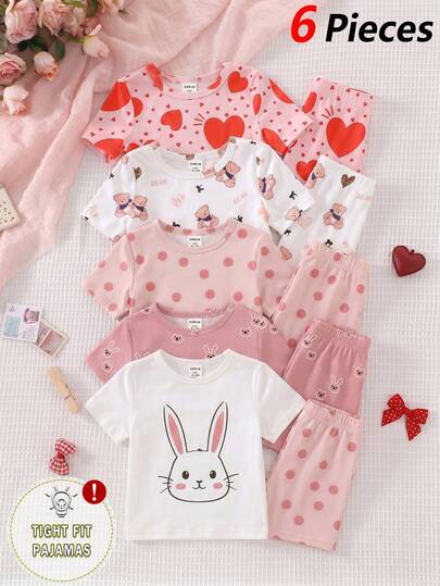 6-Piece Baby Girls Round Neck Short Sleeve Shorts Summer Easter White Pink Cartoon Bunny Rabbit Polka Dot Pattern Snug Fit Pajamas High Stretch Pullover Knit Fabric Cute Comfy Cozy Toddler Kids Casual Loungewear Homewear Soft Breathable Nightwear Sets Daily Wear Clothing For Sleeping
