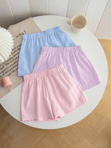 SHEIN 3件套少女条纹休闲短裤套装 - 淡紫色 - 查看 7