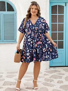 SHEIN CURVE+ 尺码 US22 适合音乐节、海滨度假、波西米亚风的女士条纹V领蝙蝠袖短袖荷叶边下摆休闲连衣裙，秋季女装，冬季，CURVE PLUS - 藏蓝色 - 查看 6