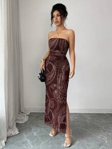 SHEIN Raffinéa Allover Print Ruched Side Tube Bodycon Dress Maxi Women Outfit - Coffee Brown - View 6