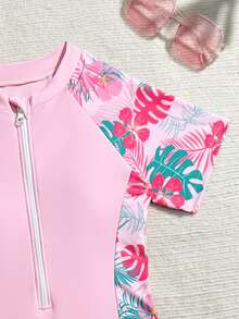 SHEIN Tween Girl One-Piece Shorts Swimsuit,Front Zipper Pink Rash Guard Set With Flower Leaf Pattern,Cute Summer Beach Vacation Holiday Surfing Bathing Suit - Multicolor - View 4