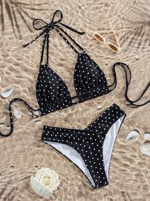 Swim Mod Conjunto de bikini de estilo de vacaciones con pantalones cortos de corte alto con estampado de lunares, escote halter y espalda sexy para mujer, ideal para playa y festivales de música en primavera/verano - Blanco y Negro - Ver 6