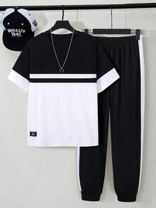 Vacaura 2 pezzi/set Maglietta a girocollo casual e pantaloni sportivi con stampa a blocchi di colore in contrasto per ragazzi adolescenti, tessuto confortevole, vestibilità slim, adatto per più stagioni - Bianco e nero - Visualizzare 3