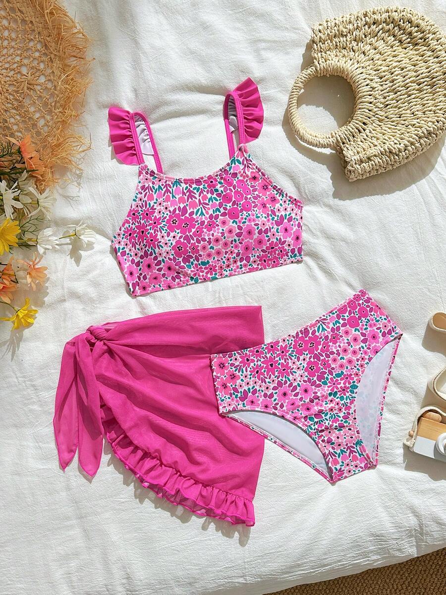 SHEIN Conjunto de bikini con estampado floral para niñas preadolescentes, de tela de punto, con parte superior e inferior triangular, elegante y adecuado para nadar, vacaciones y verano - Multicolor - Ver 1